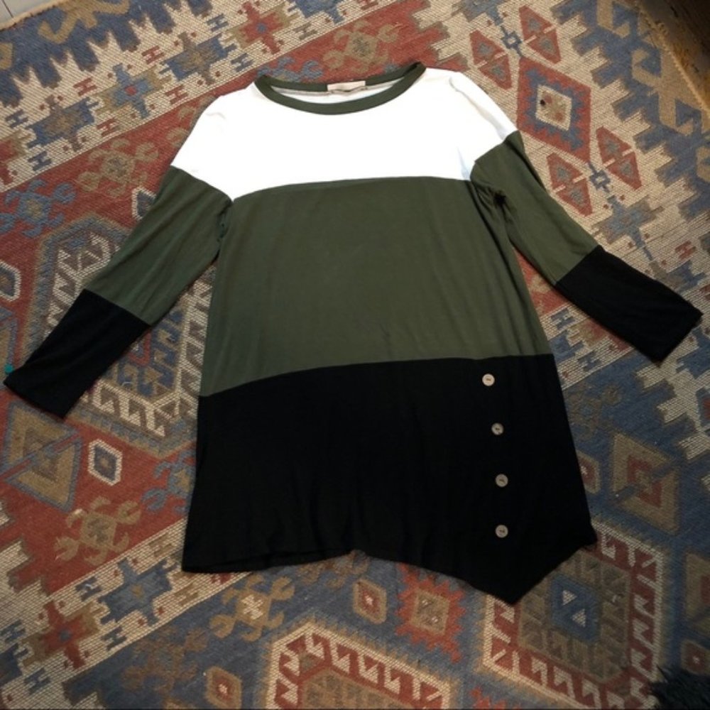 🔴Emerald color block green and black button tunic